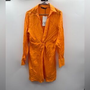 Zara Vibrant Orange Twist Front Button Shirt Dress‎